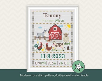 Cross stitch pattern baby birth sampler farm animals, barn yard, birth announcement, baby boy or girl, DIY customizable pattern** PDF**