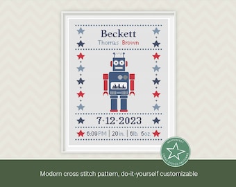 cross stitch baby birth sampler Robot, birth announcement, blue and red, DIY customizable pattern** instant download**