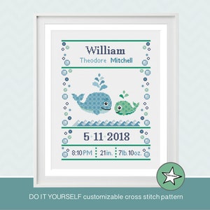 cross stitch baby birth sampler whales, birth announcement, baby boy, DIY customizable pattern** instant download**