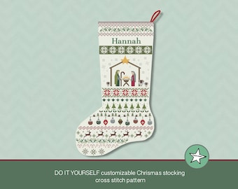 Christmas stocking cross stitch pattern Nativity scene, DIY customizable with name, Christmas decoration,  PDF, ** instant download**