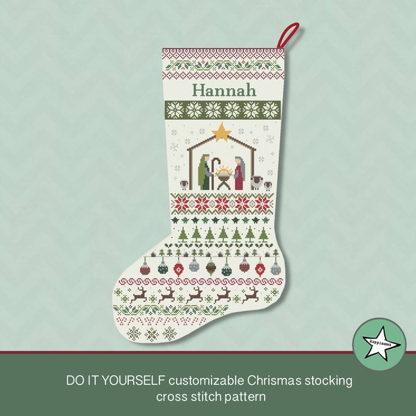 Patrón punto de cruz calcetín navideño Belén, DIY personalizable con nombre, decoración navideña, PDF, **descarga instantánea**