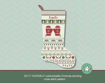 Christmas stocking cross stitch pattern mitten toe right , DIY customizable with name, Christmas decoration,  PDF, ** instant download**