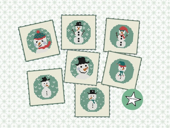 Christmas Cross Stitch Pattern, Mini Snowmen, Set Of 7, Christmas.