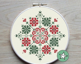 Geometric flowers and hearts cross stitch pattern, folk art, PDF ** instant download**
