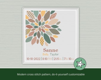 cross stitch baby birth sampler, birth announcement, modern flower, dahlia, neutrals, DIY customizable pattern** instant download**