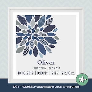 Kreuzstich Baby Geburt Sampler, Geburtsanzeige, moderne Blume, Dahlie, marineblau, Baby, DIY personalisierbar Muster** sofort download**