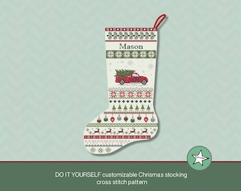 Christmas stocking cross stitch pattern truck, DIY customizable with name, Christmas decoration,  PDF, ** instant download**