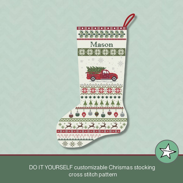 Christmas stocking cross stitch pattern truck, DIY customizable with name, Christmas decoration,  PDF, ** instant download**