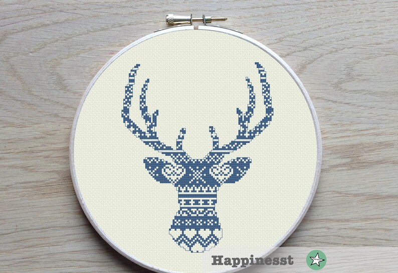 modern cross stitch pattern deer silhouette, reindeer, nordic folk, PDF, instant download image 1