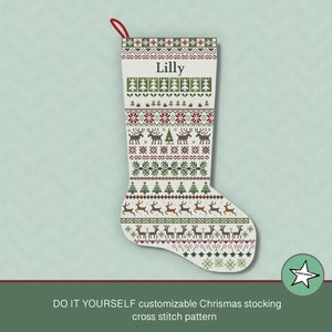 Christmas stocking cross stitch pattern deer, pointing right, DIY customizable with name, Christmas decoration,  PDF, ** instant download**