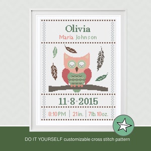 cross stitch baby birth sampler, birth announcement, owl & feathers, baby girl, coral, peach,DIY customizable pattern** instant download**