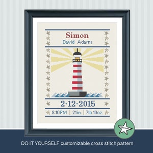 cross stitch baby birth sampler, birth announcement, lighthouse, nautic, baby boy or girl, DIY customizable pattern** instant download**