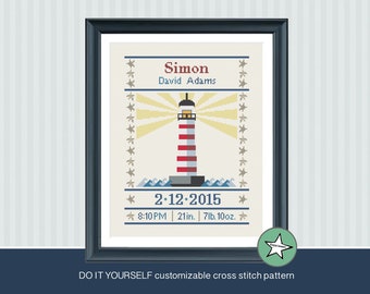 cross stitch baby birth sampler, birth announcement, lighthouse, nautic, baby boy or girl, DIY customizable pattern** instant download**