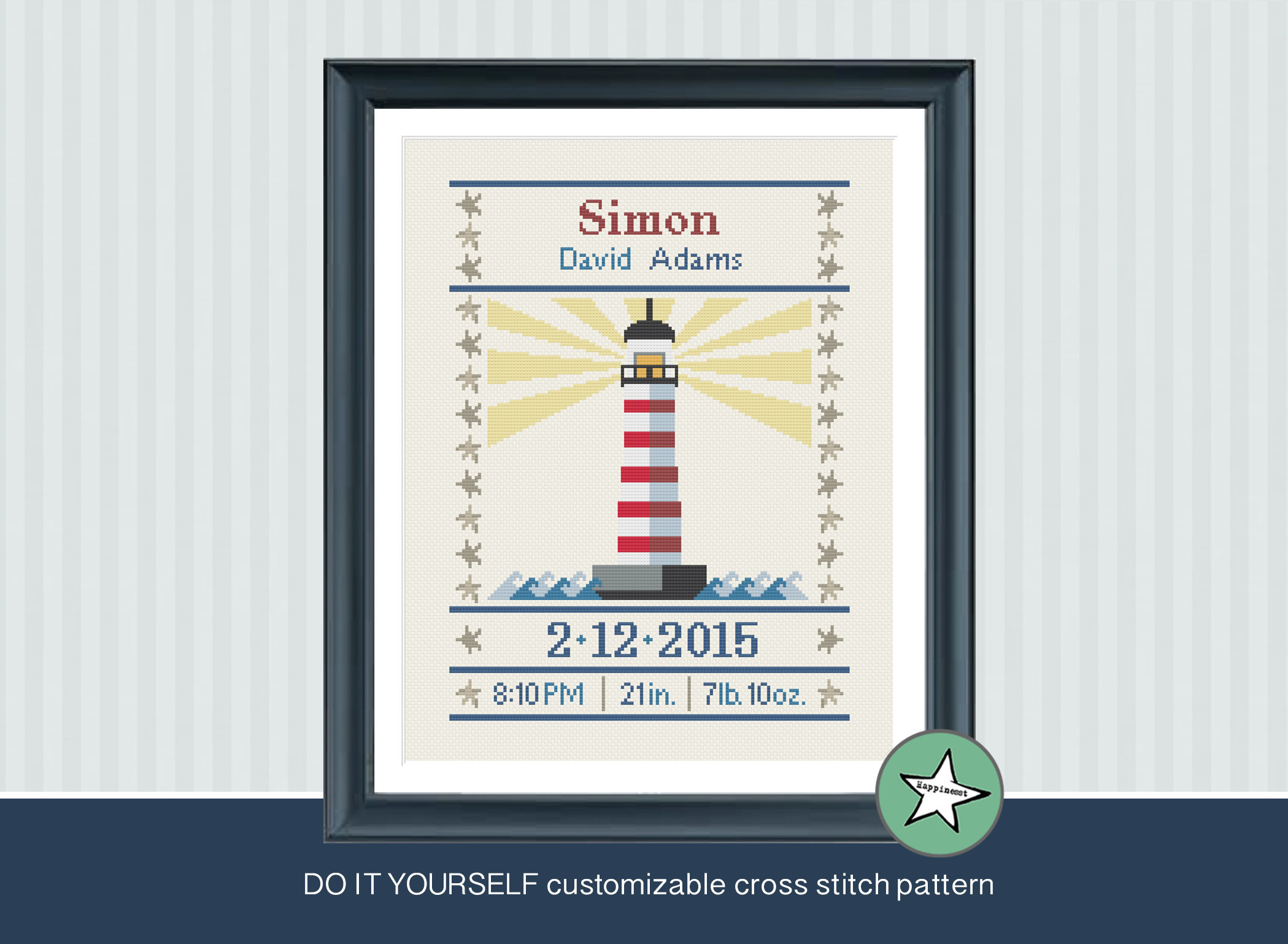 cross stitch baby birth sampler, birth announcement, lighthouse, nautic, baby boy or girl, DIY customizable pattern** instant download**