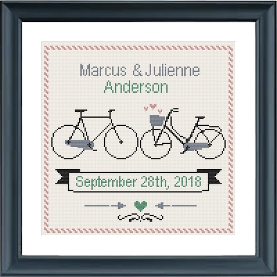 Wedding cross stitch pattern Bridal cross stitch custom wedding gift Wedding gift for couple Personalized Wedding wedding tandem bike