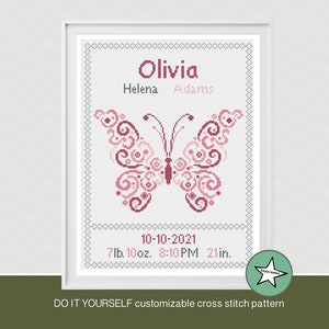 Cross stitch pattern baby birth sampler, birth announcement, butterfly, pinks, baby girl, DIY customizable pattern** instant download**