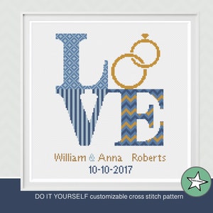Wedding cross stitch pattern, love sign, blue gold, DIY customizable, modern pattern, wedding anniversary PDF, DIY ** instant download**