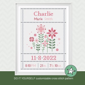 cross stitch baby birth sampler, birth announcement, flowers, pink, baby girl, DIY customizable pattern** instant download**