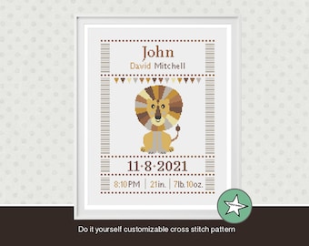 cross stitch baby birth sampler lion, birth announcement, yellow brown, baby, DIY customizable pattern** instant download**