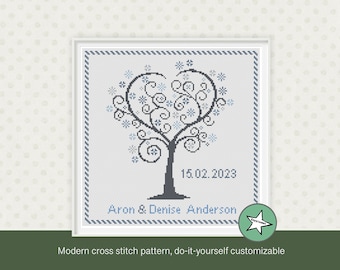 Wedding cross stitch pattern, love tree, diy customizable, winter wedding, grey, blue, silver, wedding anniversary, PDF, * instant download*