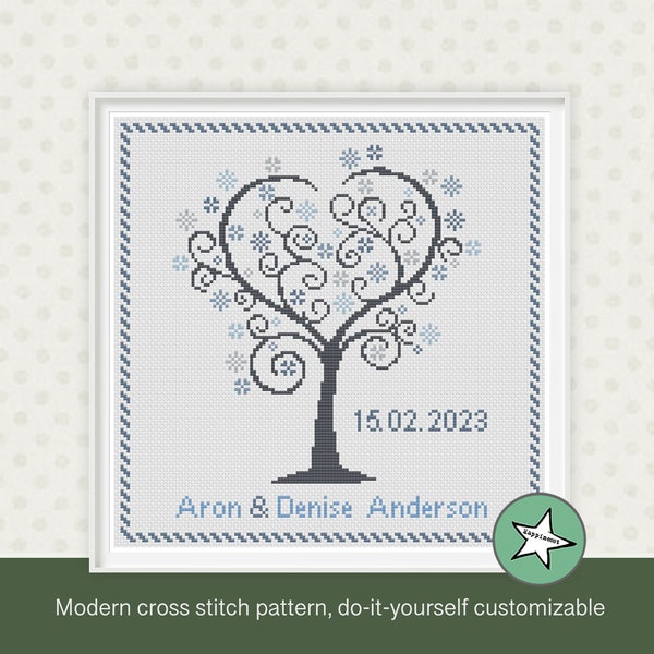 Wedding cross stitch pattern, love tree, diy customizable, winter wedding, grey, blue, silver, wedding anniversary, PDF, * instant download*