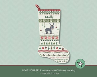 Chaussette de Noël grille point de croix âne, pointant vers la droite, DIY personnalisable avec prénom, décoration, PDF, **téléchargement immédiat**