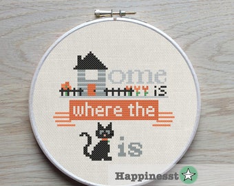 modern cross stitch pattern "Home is where the cat is" quote, PDF  ** instant download**