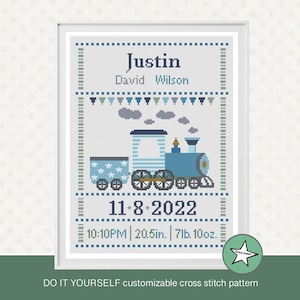 Cross stitch pattern baby birth sampler train, birth announcement, baby boy or girl, DIY customizable pattern** instant download**