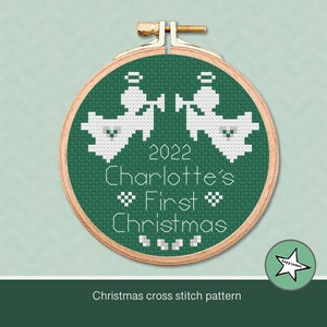 Christmas ornament cross stitch pattern, baby's first Christmas angels, customizable, ornament, PDF, ** instant download**