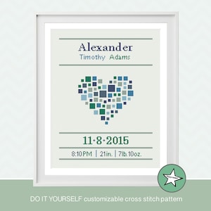 cross stitch baby birth sampler, birth announcement, heart, geometric heart, baby boy, DIY customizable pattern** instant download**