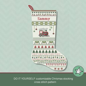 Christmas stocking cross stitch pattern train, pointing right, DIY customizable with name, Christmas decoration,  PDF, ** instant download**