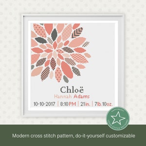 Patrón de punto de cruz floral para anunciar el nacimiento de un bebé, para hacer tú mismo (descarga instantánea)