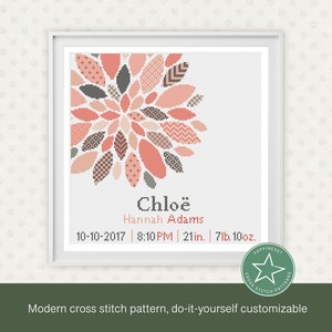 cross stitch baby birth sampler, birth announcement, modern flower, dahlia, peach,  baby girl, DIY customizable pattern** instant download**