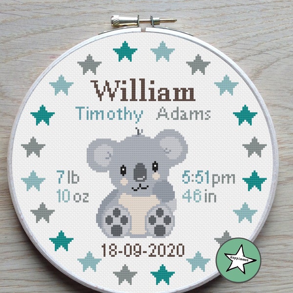 Cross stitch pattern baby birth sampler, birth announcement, koala, incl birth details, baby,  DIY customizable pattern** instant download**