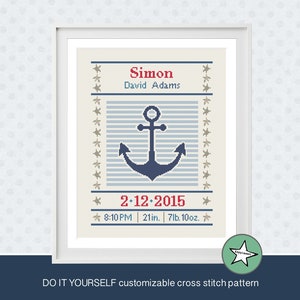 cross stitch baby birth sampler, birth announcement, anchor, nautic, baby boy or girl, DIY customizable pattern** instant download**