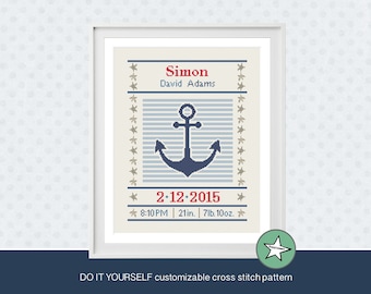 cross stitch baby birth sampler, birth announcement, anchor, nautic, baby boy or girl, DIY customizable pattern** instant download**