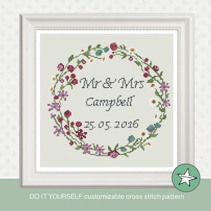 Wedding cross stitch pattern, wedding wreath, Mr & Mrs, DIY customizable pattern, modern cross stitch, PDF,  ** instant download**