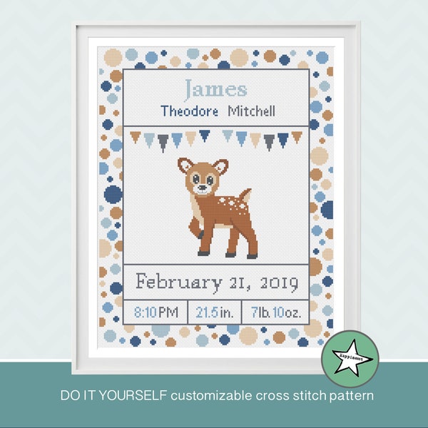 Cross stitch pattern birth sampler baby deer, birth announcement, deer, circle border, blues DIY customizable pattern**pdf**