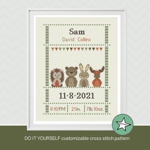 Cross stitch pattern baby birth sampler, birth announcement, woodland animal, DIY customizable pattern** instant download**