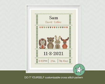 Cross stitch pattern baby birth sampler, birth announcement, woodland animal, DIY customizable pattern** instant download**
