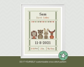 Cross stitch pattern baby birth sampler, birth announcement, woodland animal, DIY customizable pattern** instant download**