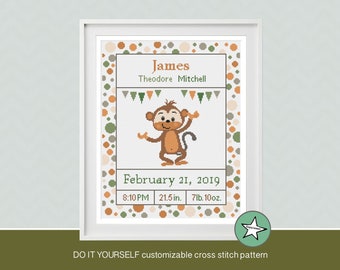 cross stitch baby birth sampler monkey, birth announcement, baby boy, baby girl, DIY customizable pattern** instant download**