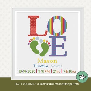 Cross stitch pattern baby birth sampler, birth announcement, LOVE, baby feet, square, baby boy, DIY customizable pattern** PDF**