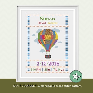 Cross stitch pattern baby birth sampler, birth announcement, hot air balloon, rainbow colors, DIY customizable pattern** instant download**