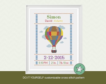Cross stitch pattern baby birth sampler, birth announcement, hot air balloon, rainbow colors, DIY customizable pattern** instant download**