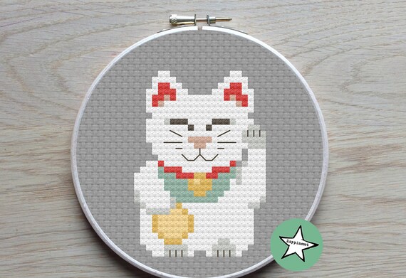 桐猫 Cross Stitch Pattern Lucky Cat, Maneki-neko, PDF Pattern