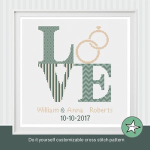 Wedding cross stitch pattern, love sign, greens and neutral, DIY customizable,  wedding anniversary PDF, DIY ** instant download**