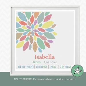 Cross stitch pattern baby birth sampler, birth announcement, modern flower rainbow colors pastel, DIY customizable pattern **PDF**