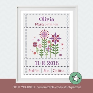 cross stitch baby birth sampler, birth announcement, flowers, pink, baby girl, DIY customizable pattern** instant download**