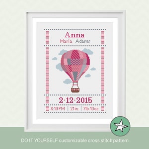 cross stitch baby birth sampler, birth announcement, hot air balloon, baby girl, DIY customizable pattern** instant download**